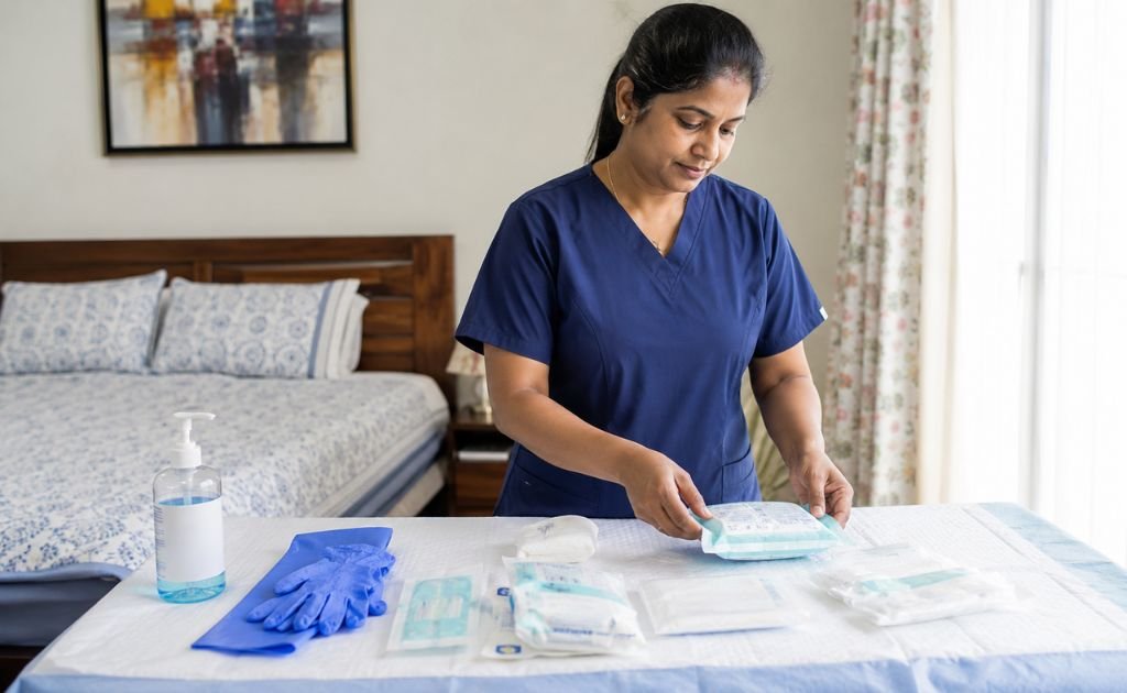 Nurse organising medical supplies on a clean surface in a home care area - Home Care for Tracheostomy Patients