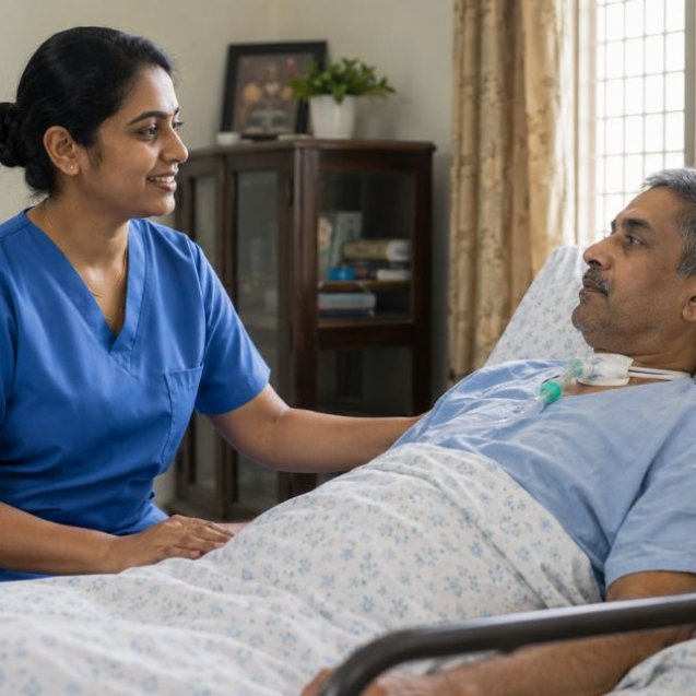 Home nurse sitting with an adult patient in a bright home living area - in mylapore chennai