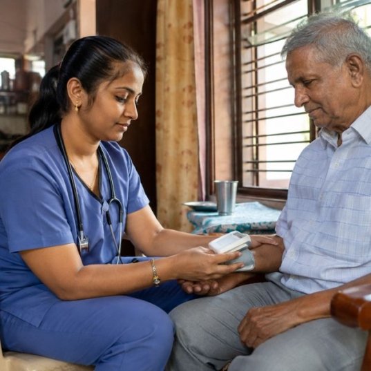 Home nurse in scrubs sitting beside an elderly man in his living room at home