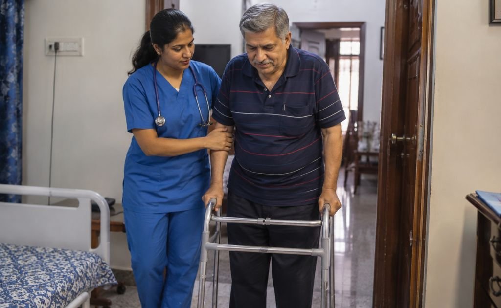 Nurse supporting a patient using a walking frame during recovery at home