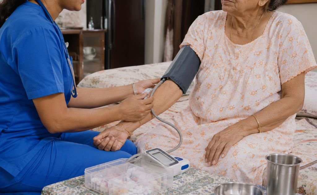 Nurse checking an elderly woman's blood pressure at her home in Chennai