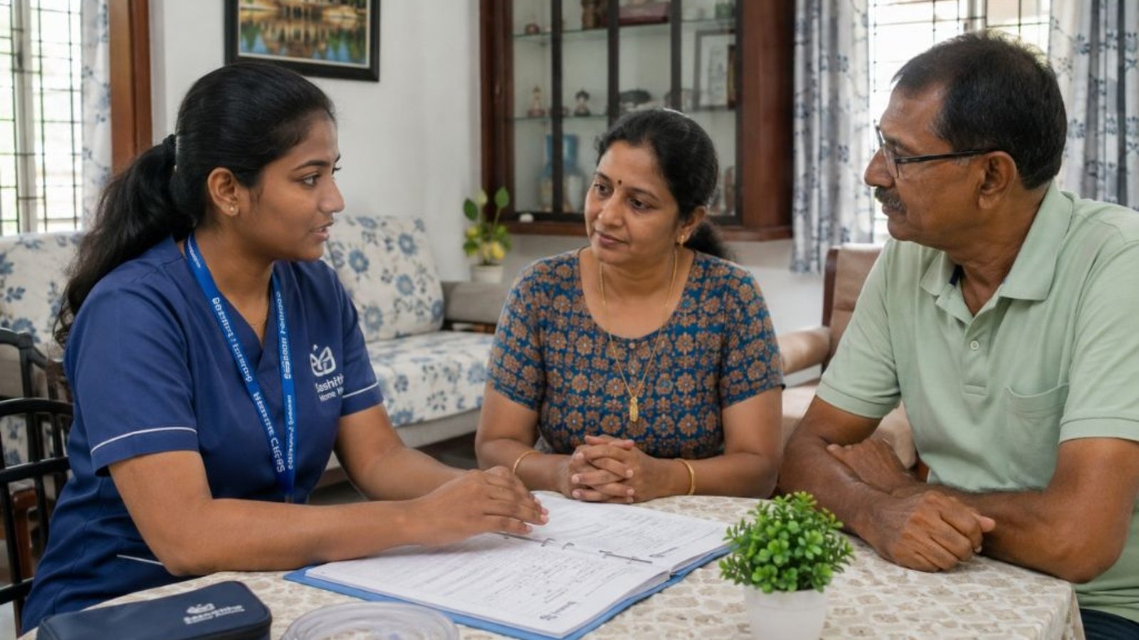 Home nurse discussing Ryles tube care plan with a patient and family member in Chennai