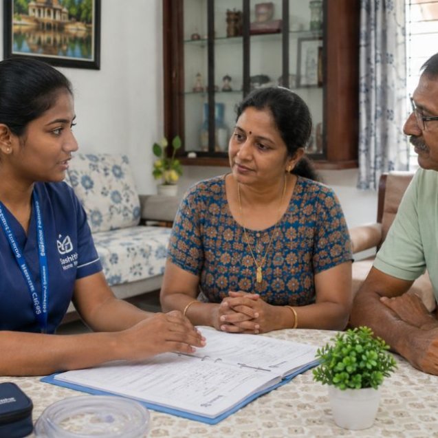 Home nurse discussing Ryles tube care plan with a patient and family member in Chennai