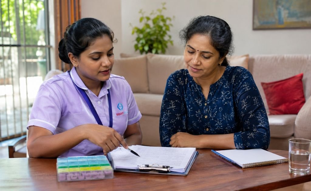 Nurse and family caregiver reviewing a stroke patient's medication list and home care plan