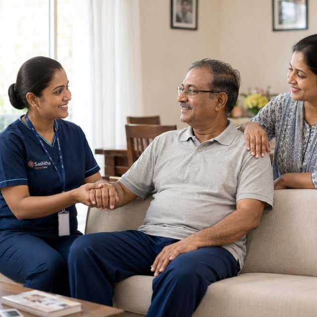 Home nurse supporting a stroke survivor at home in Chennai while a family member looks on