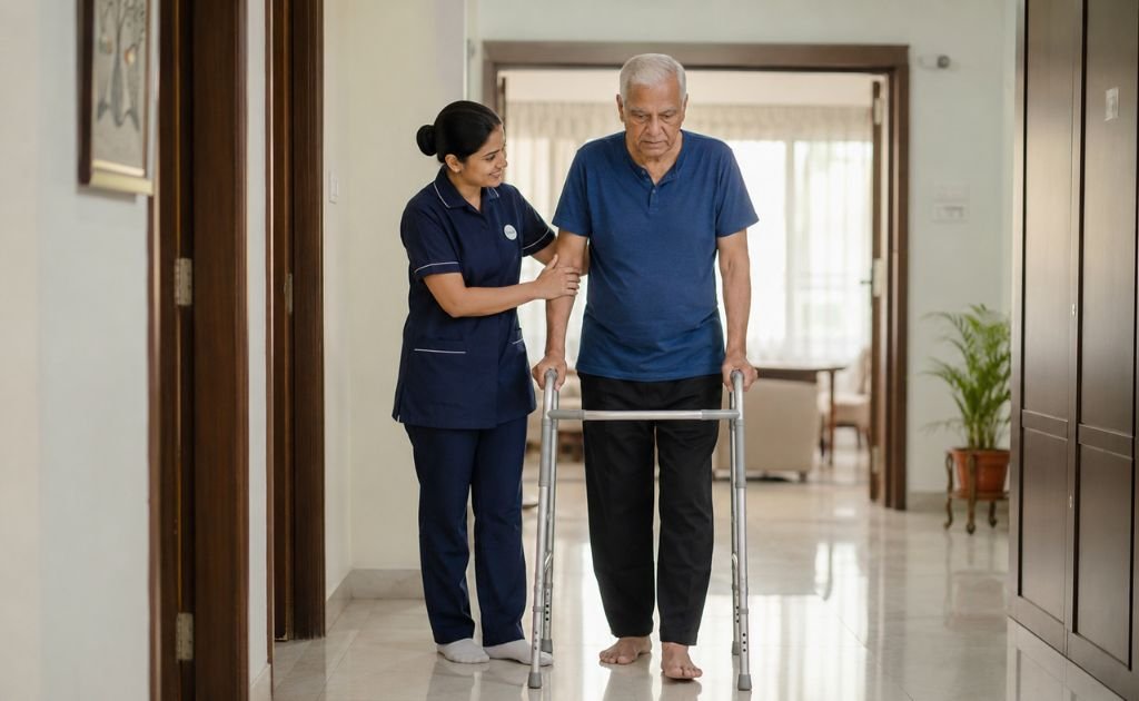 Nurse assisting an elderly stroke survivor with supported walking practice at home