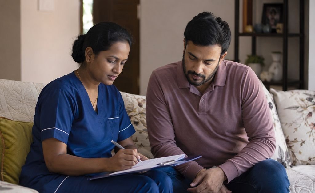 Nurse and family member discussing a patient's care plan at home