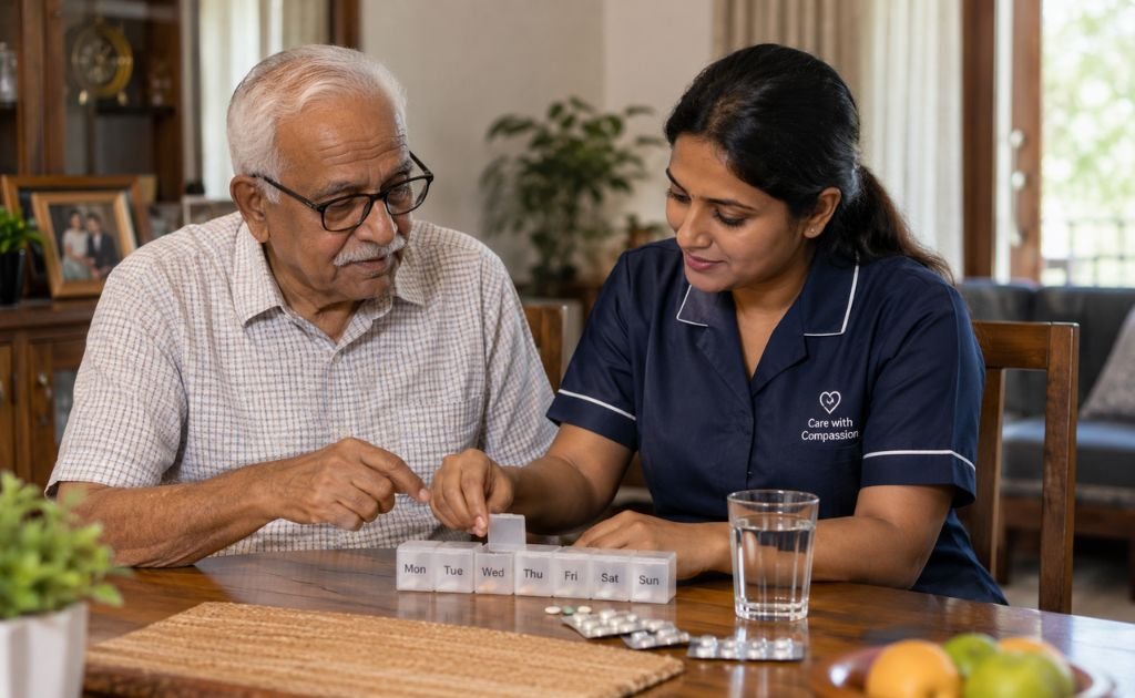 Home caregiver helping an elderly man organise his daily medicines and water at home in Chennai