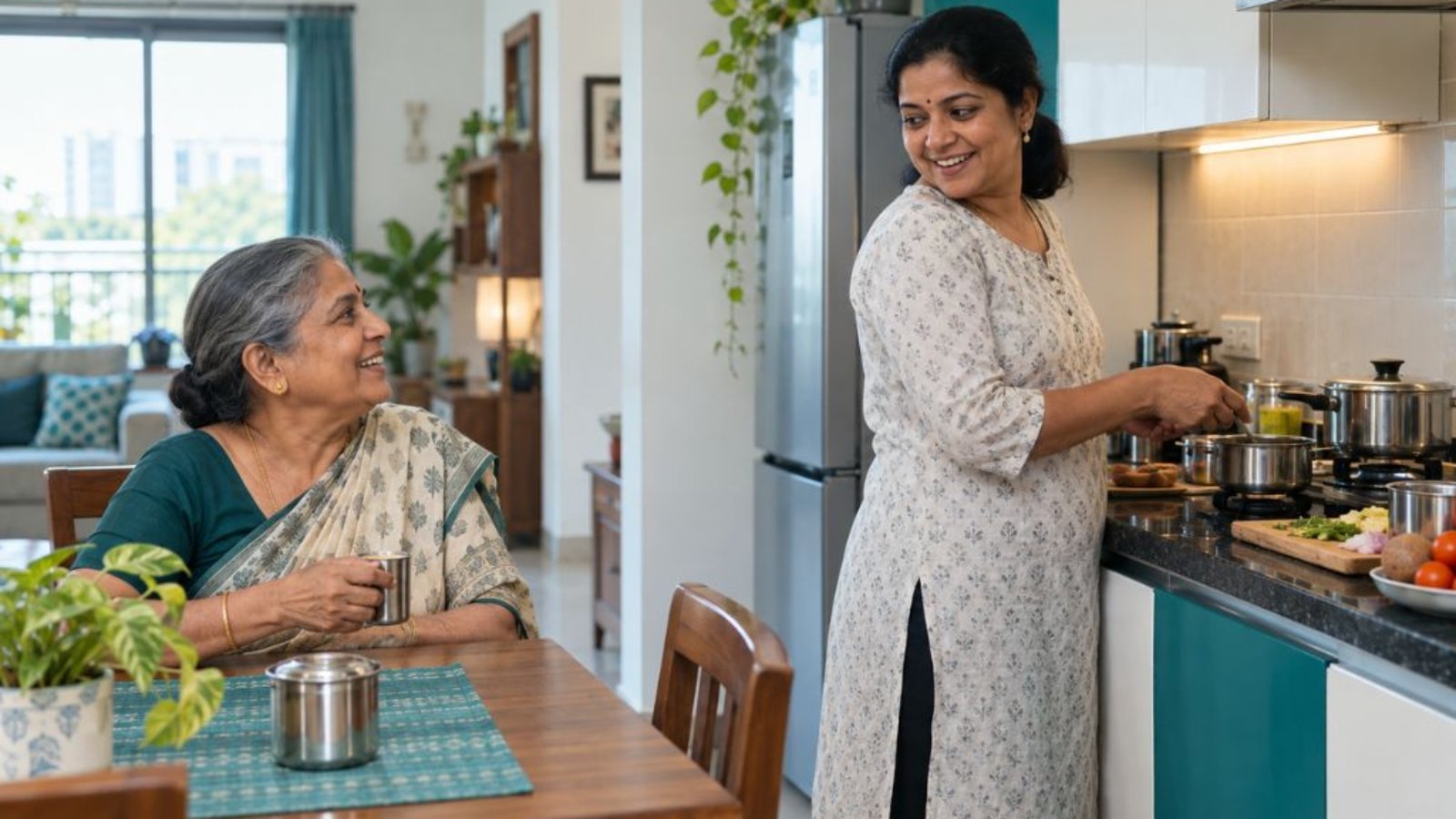 Cook and caretaker preparing a meal while an elderly woman sits at the dining table in a Chennai home