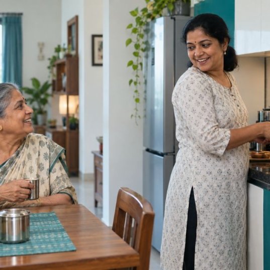 Cook and caretaker preparing a meal while an elderly woman sits at the dining table in a Chennai home