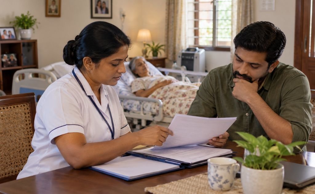 Home care nurse reviewing a discharge care plan with a family member beside a patient's home-care bed