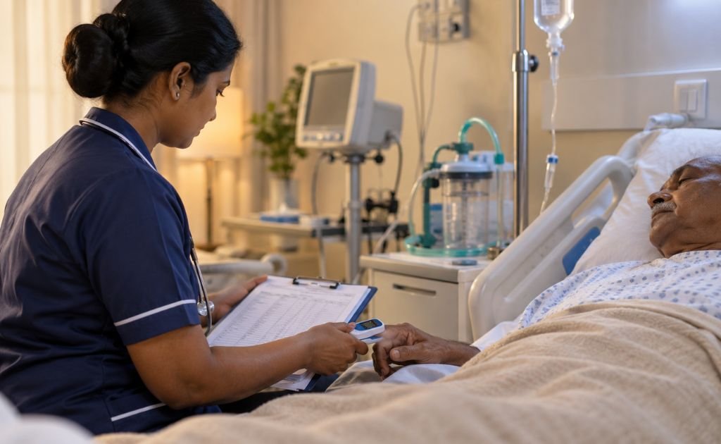 Critical care nurse checking a patient's oxygen saturation with a pulse oximeter at home while recording observations