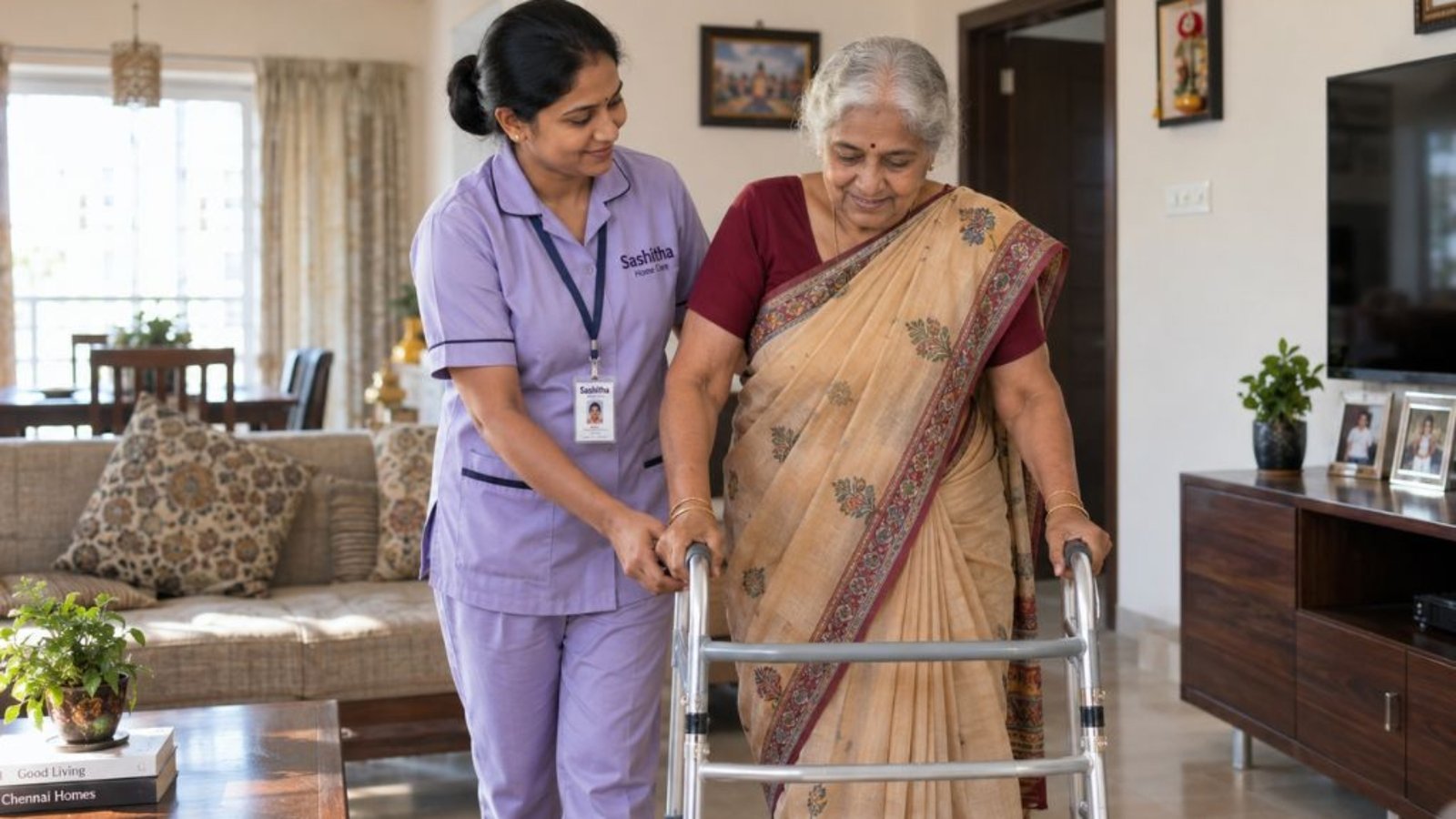 Caregiver supporting an elderly woman walking with a frame at home in Chennai
