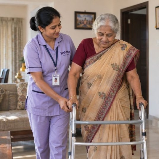 Caregiver supporting an elderly woman walking with a frame at home in Chennai