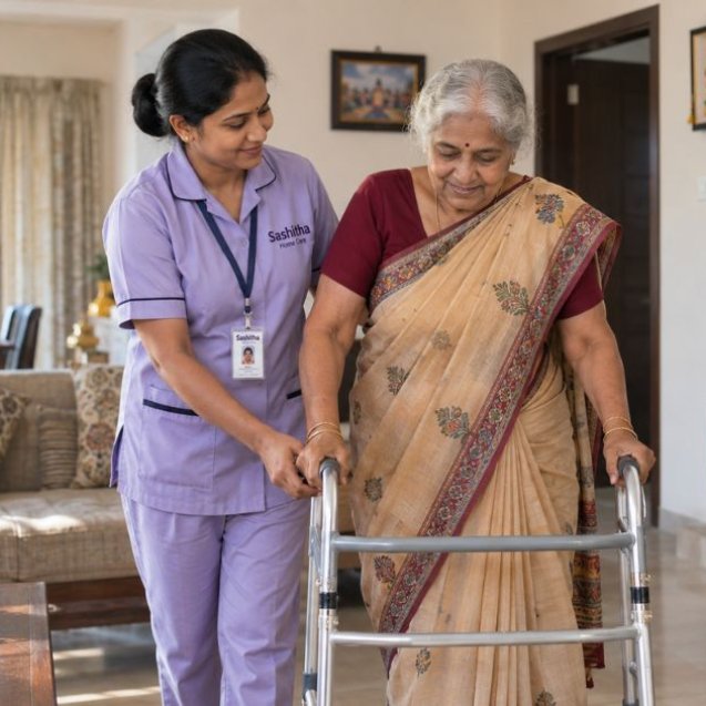 Caregiver supporting an elderly woman walking with a frame at home in Chennai