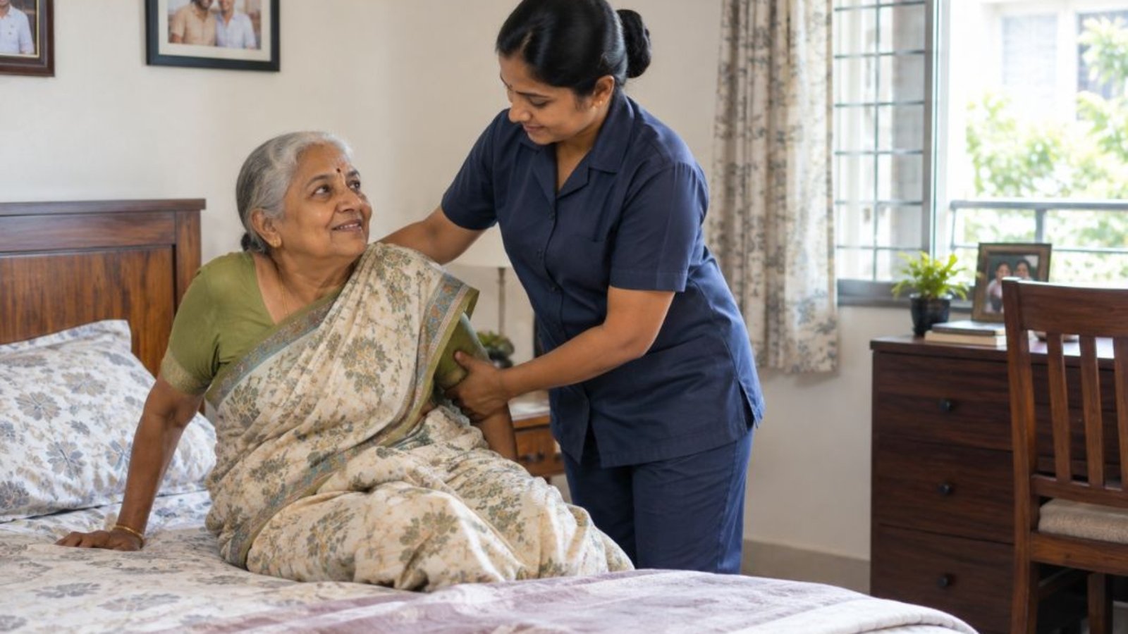 Female attender helping an elderly woman sit up in bed at home in Chennai