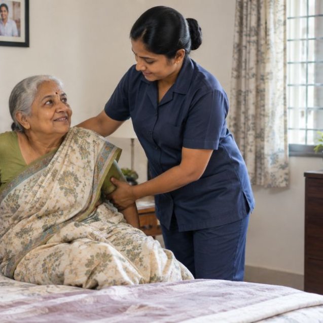 Female attender helping an elderly woman sit up in bed at home in Chennai