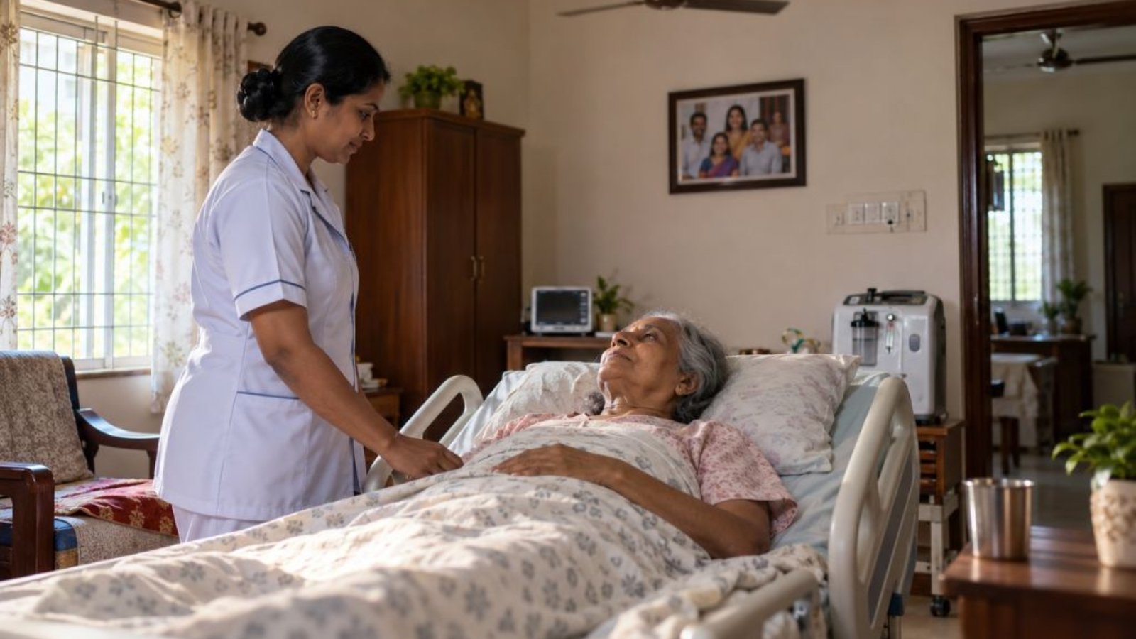 Nurse caring for an elderly patient in a home hospital bed in a Chennai home, with oxygen and monitoring equipment in the background