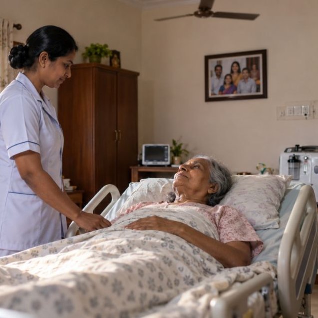 Nurse caring for an elderly patient in a home hospital bed in a Chennai home, with oxygen and monitoring equipment in the background